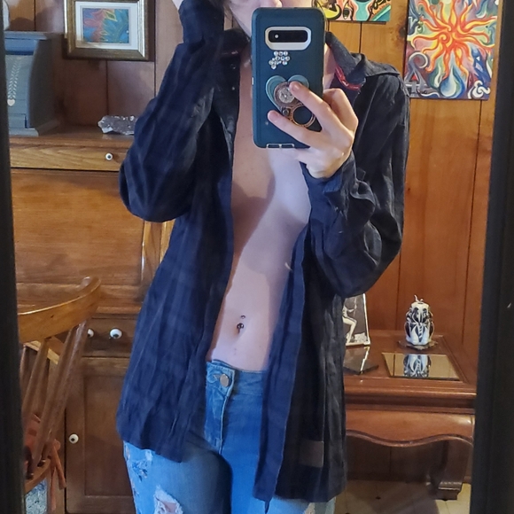 Indian Motorcycle navy blue gray and black plaid button down longsleeve shirt. - Picture 3 of 16